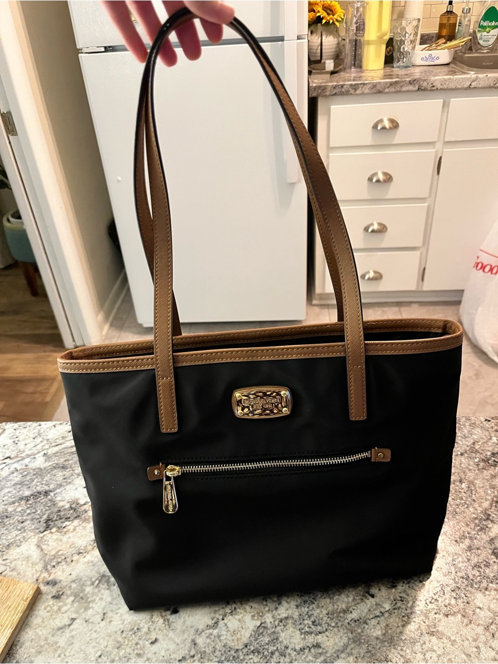 Michael Kors Black Nylon Shoulder Tote with Brown Trim